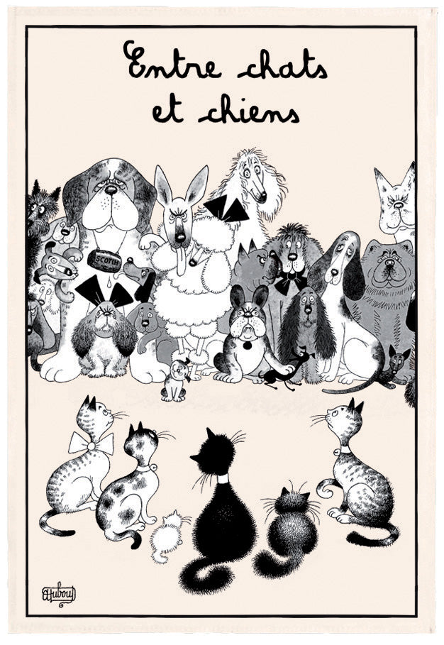 Torchon Dubout Entre Chats Et Chiens Ecru 48 X 72