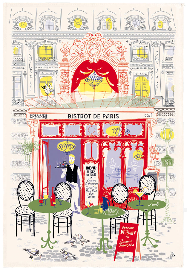 Torchon Imprimé Façade bistrot Ecru 48 x 72