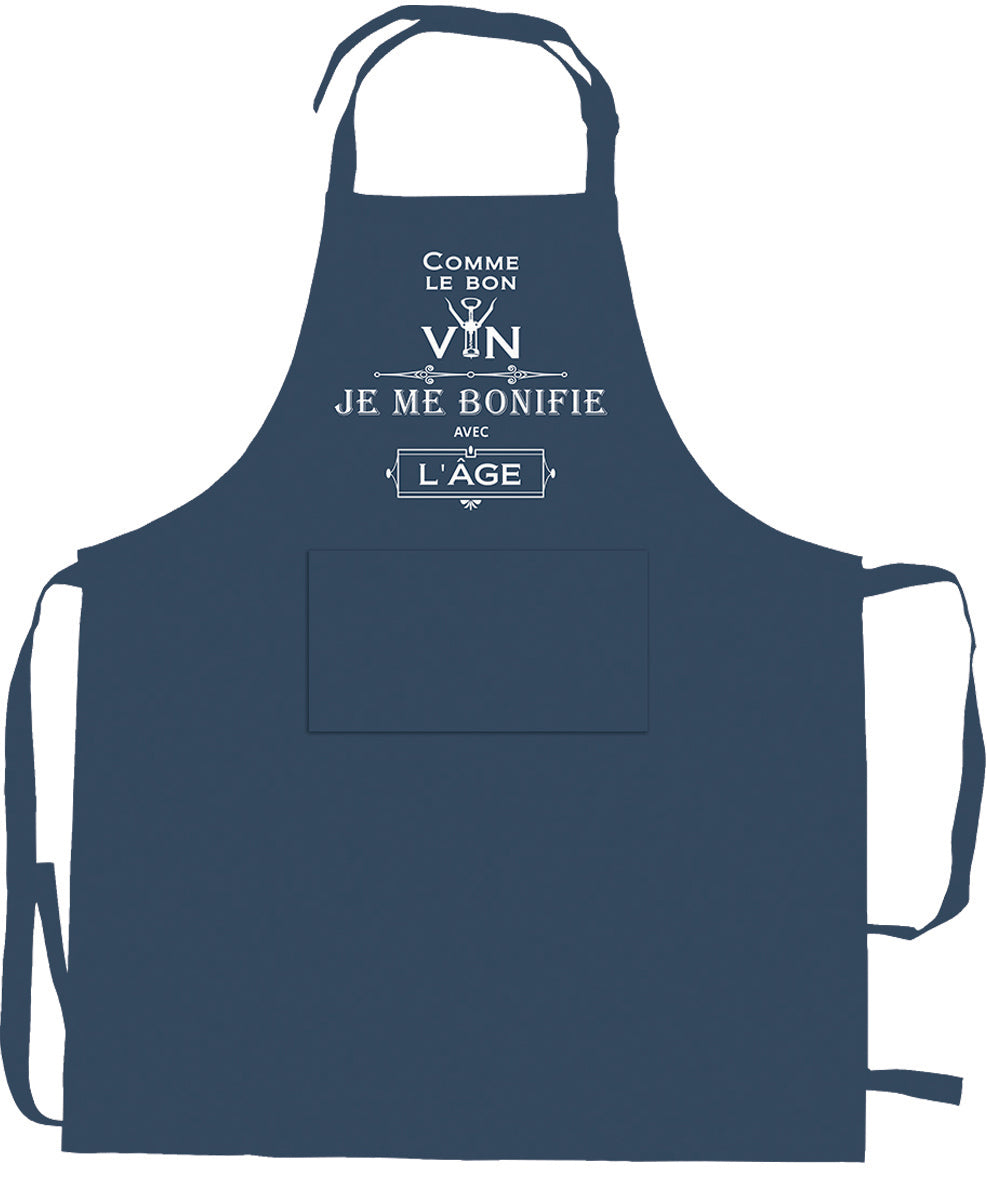 Tablier de cuisine Je me bonifie avec l'âge recyclé Indigo 72 x 90