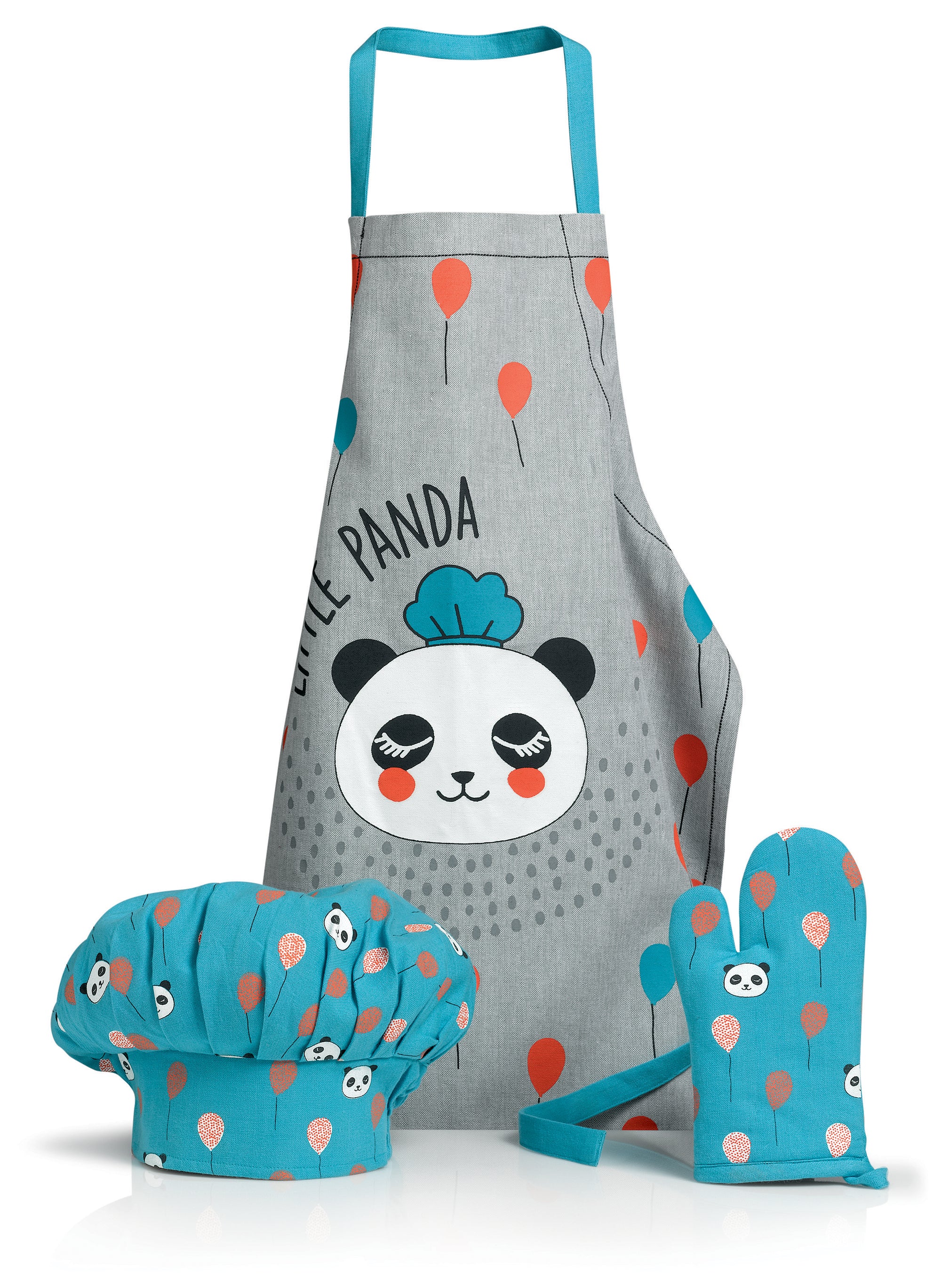 Lot Tablier Toque Gant de cuisine Panda Bleu clair/gris 52 x 63