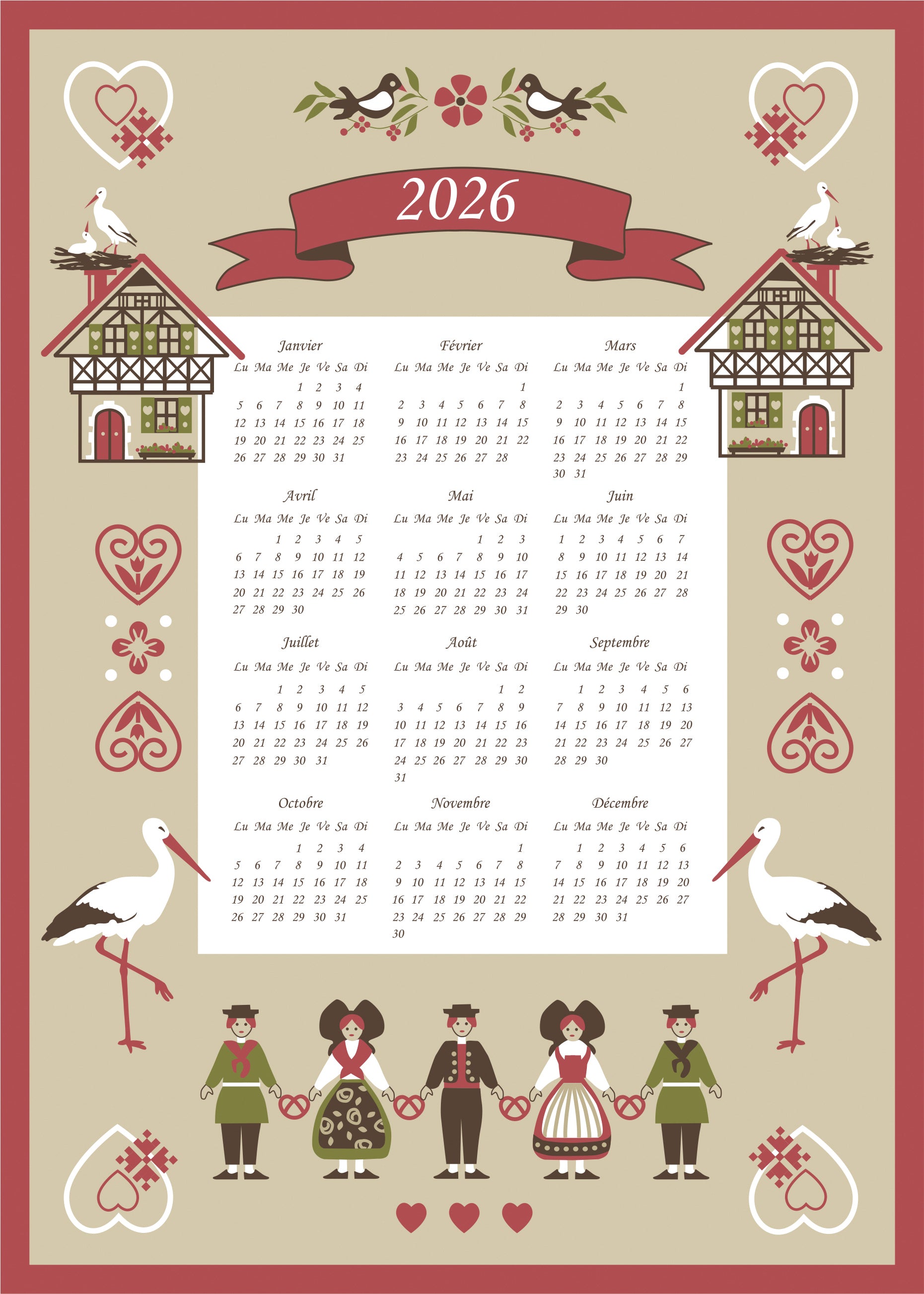 Torchon Calendrier 2026 Hisla Blanc 50 x 70