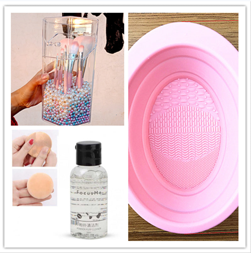 Makeup Brush Cleaning Liquid (50ml):

Our specially formulated cleaning liquid effectively removes stubborn makeup residue, dirt, and bacteria from both synthetic and natural bristles. Say goodbye to caked-on foundation and hello to fresh, soft brushes!

Brush Cleaning Pad (or Brush Cleaning Bowl):

Choose between our convenient brush cleaning pad or bowl. These textured surfaces allow you to deep-clean your brushes with ease. Simply swirl the wet bristles over the pad or inside the bowl, and watch the make